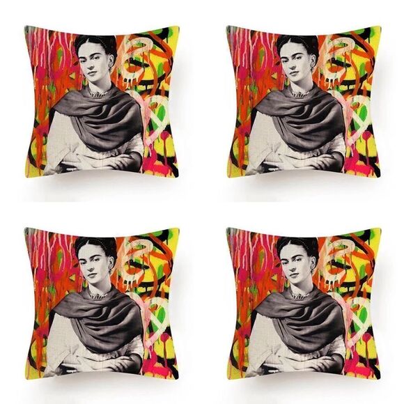 Set of 4 Graffiti Frida Kahlo Indoor/Outdoor Pillow Covers - Picture 1 of 2
